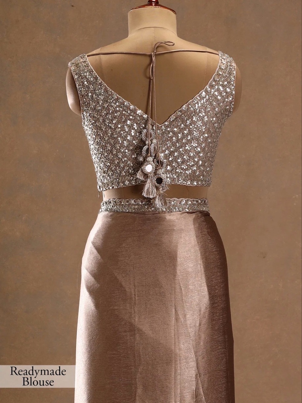 Elegant Beige Satin Saree with Silver Embellished Blouse - Picture 6 of 10